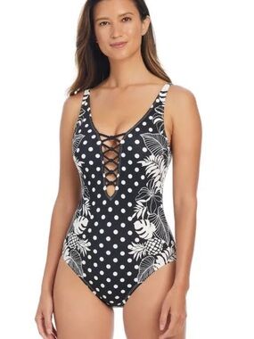 Bleu Rod Beattie Black & White Lace-Up Polka Dot Floral One-Piece
